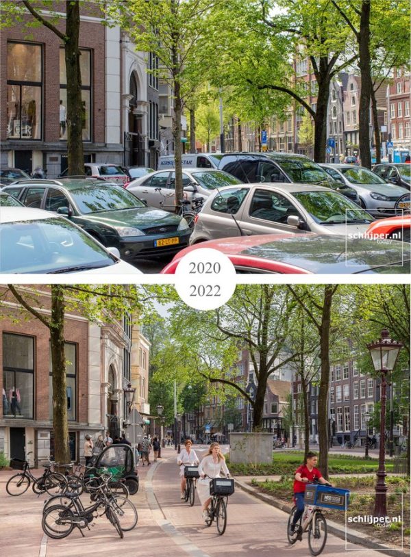 Amsterdam vor und nach dem Parkraumrückbau. Quelle: Jörg Spengler auf Twitter, https://t.co/vgqUrVSEsB