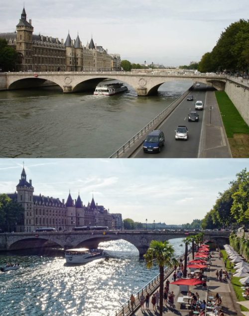 Straße an der Sein, vor und nach der Sperrung für Autos. Quelle: https://twitter.com/EmmanuelSPV/status/1551596465470033922